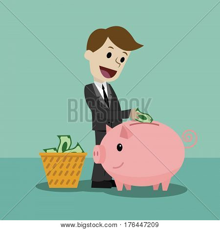 Finance and relationships concept. Businessman with a pig bank. Businessman putting coin into the piggy banks