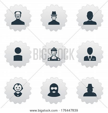 Vector Illustration Set Of Simple Avatar Icons. Elements Spy, Job Man, Agent And Other Synonyms Proletarian, Worker And Whiskers.