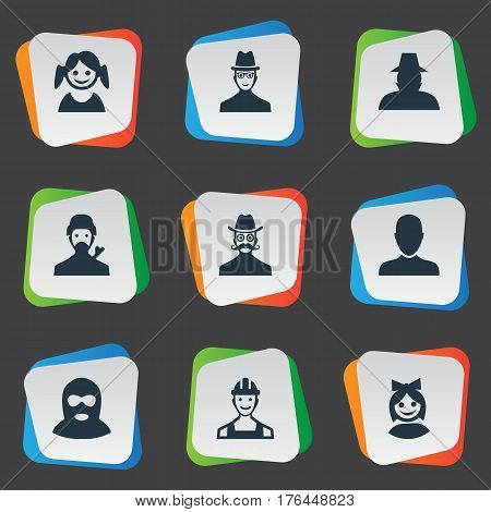 Vector Illustration Set Of Simple Member Icons. Elements Agent, Little Girl, Felon And Other Synonyms Mustache, Little And Detective.