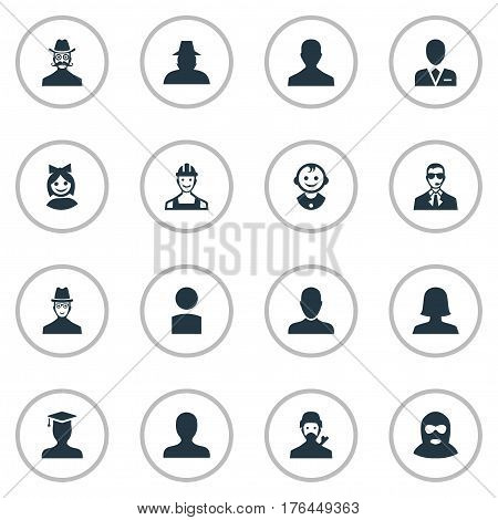 Vector Illustration Set Of Simple Avatar Icons. Elements Agent, Girl Face, Proletarian And Other Synonyms Student, Spy And Engineer.