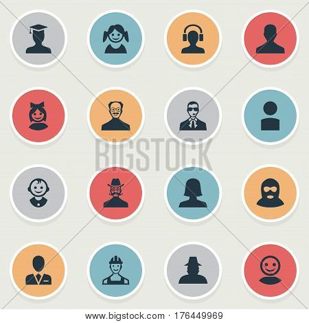 Vector Illustration Set Of Simple Avatar Icons. Elements Proletarian, Woman User, Girl Face And Other Synonyms Security, Graduate And Detective.