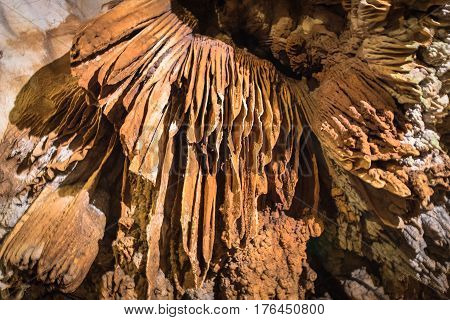 stalactites and stalagmites in a cave at Chiangdao cave temple Chiangmai Thailand