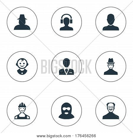 Vector Illustration Set Of Simple Human Icons. Elements Job Man, Proletarian, Spy And Other Synonyms Man, Agent And Offender.