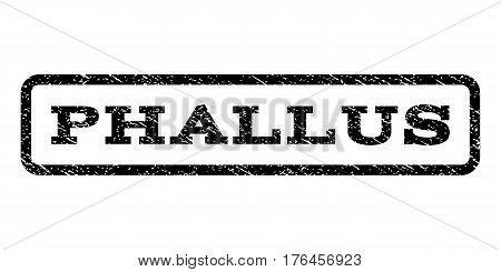 Phallus watermark stamp. Text caption inside rounded rectangle frame with grunge design style. Rubber seal stamp with scratched texture. Vector black ink imprint on a white background.