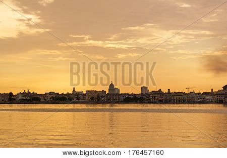 Sunset And Skyline Of The City Of Havana. Cuba