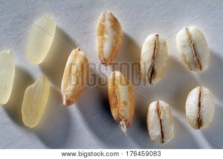Close up of Parboiled rice grains barley and spelled