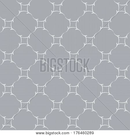 Regular trellis pattern of curved calligraphic strokes. Neutral white and grey ornamental background. Vector seamless repeat.