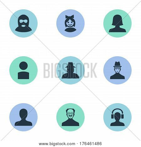 Vector Illustration Set Of Simple Member Icons. Elements Felon, Spy, Insider And Other Synonyms Agent, Profile And Hat.