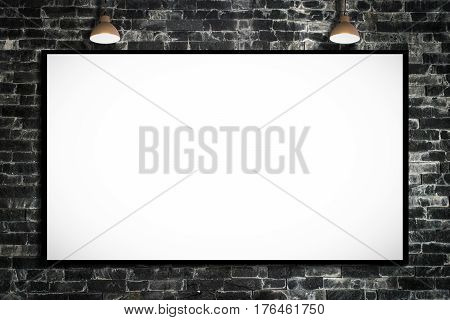 Huge poster advertising billboard on brick wall with lamp Advertising poster sign Template mock up for adding your design and adding more text.