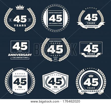 Forty five years anniversary logotypes and badges. 45th anniversary logo collection.