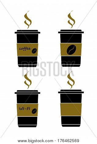 Disposable coffee cup icon with coffee beans logo Vector illustration flat design with long shadow.