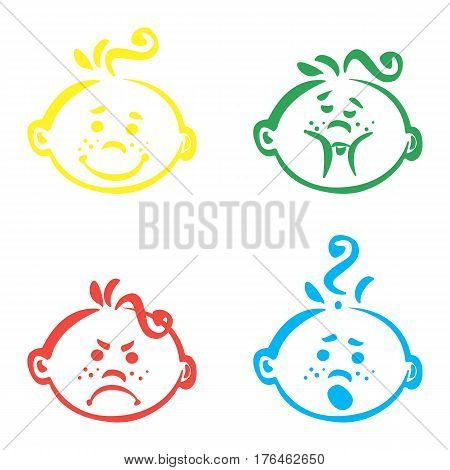 Set of cute baby emoticons. Very simple but expressive cartoon baby boy faces. Modern flat vector style.