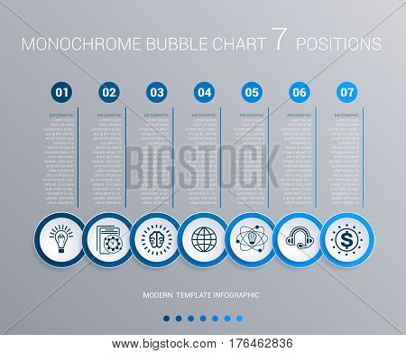Infographics template for 7 steps. Monochrome Blue bubbles chart elements for visualization business processes.