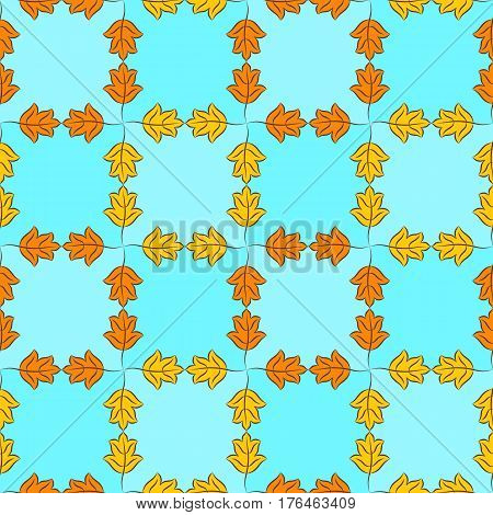 Colorful pattern of orange and yellow stylized autumn leaves on light sky blue checkered background. Vector seamless repeat.