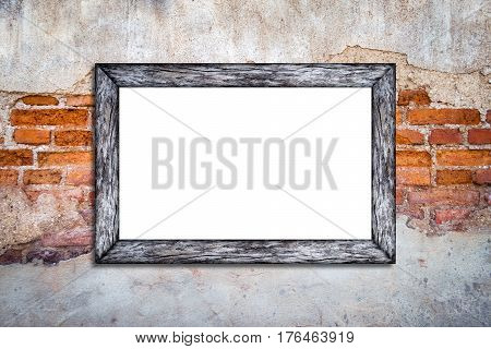 Blank white frame on vintage brick wall background with copy space nice brick show room template mock up for adding your design and adding more text. (Clipping path included)
