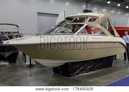 MOSCOW - MARCH 09 2017: Boat Enigma 590 HT for 10 International boat show in Moscow. Russia.