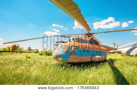 SAMARA RUSSIA - MAY 25 2014: The russian transport helicopter Mi-6 at an abandoned aerodrome. The Mil Mi-6 was built in large numbers for both military and civil roles