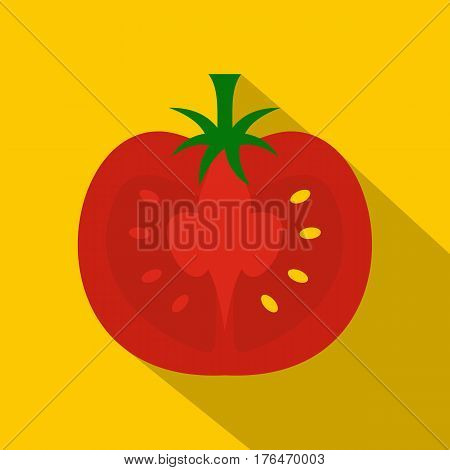 Red half of tomato icon. Flat illustration of red half of tomato vector icon for web isolated on yellow background