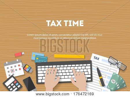 Horizontal banner icon set, flat design with shadow. State taxes, analysis of financial data, statistics, calculation of tax return top view. Hands and objects workplace and devices for web, vector