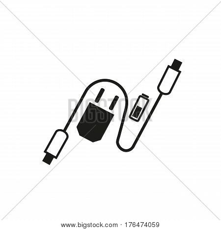 Charging accessories icon. Freehand drawn black white flat style. Adapter charger, usb cable, alkaline battery. Vector symbol of lightning computor peripherals connector or smartphone recharge supply
