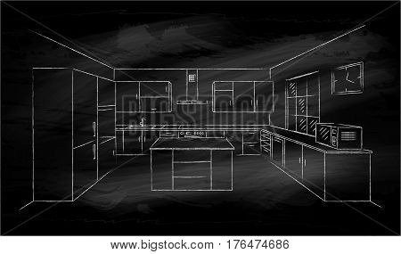 Kitchen interior sketches hand drawing on black chalkboard. Contour vector illustration kitchen furniture and equipment. White chalk drawing. Interior plan with island in perspective. 3D