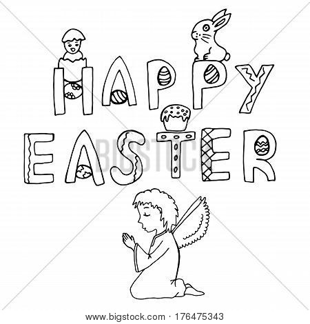 Happy Easter Hand Drawing Vector Illustration Banner with Handwritten Letters. Ideal Sketch Card for Spring Celebration with Angel and Rabbit. Invitation Poster with Festive Drawn Doodles Elements.