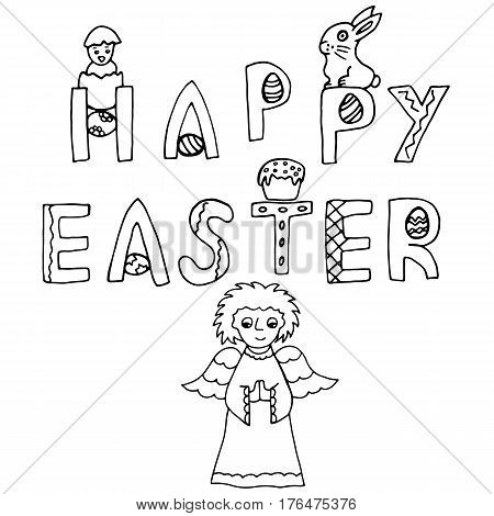 Happy Easter Hand Drawing Banner with Handwritten Letters. Ideal Sketch Card for Spring Celebration with Angel and Rabbit. Invitation Poster with Festive Drawn Doodles Elements. Vector Illustration.