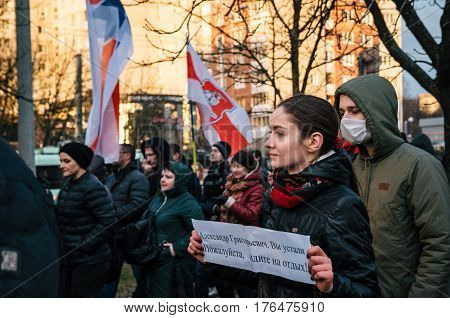 Minsk Belarus - March 15 2017 - Belarusian people participate in the protest against the decree 3 'On prevention of social parasitism' of President Lukashenko in the center of Minsk