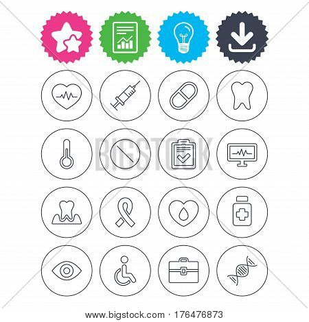 Download, light bulb and report signs. Medicine icons. Syringe, heartbeat and pills symbols. Tooth health, eye and blood donate. Awareness ribbon. Best quality star symbol. Flat buttons. Vector