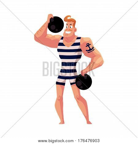 Strongman, strong man circus performer, weightlifter, power lifter with cannon balls, cartoon vector illustration isolated on white background. Strongman athlete, traditional circus performer,