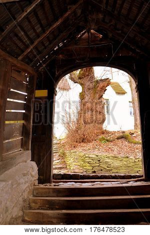 Bridge of the Old medieval saxon lutheran church in Sighisoara, Transylvania, Romania