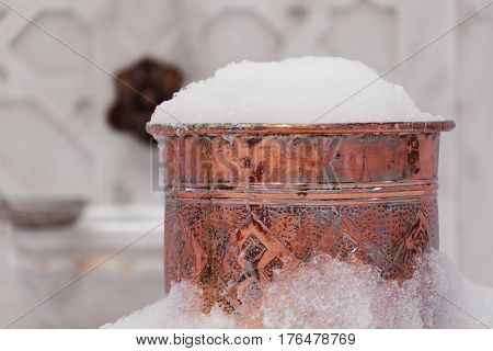 Copper Bowl With Soap Foam In Turkish Hamam. Traditional Interior Details