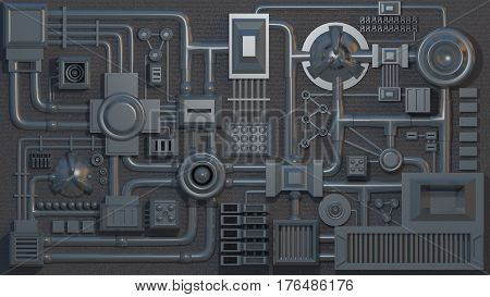 Metal electronic details, 3D rendered texture, background.