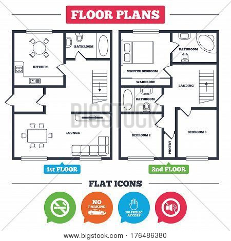 Architecture plan with furniture. House floor plan. Stop smoking and no sound signs. Private territory parking or public access. Cigarette and hand symbol. Kitchen, lounge and bathroom. Vector