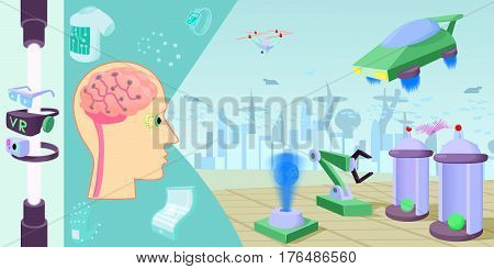 Future high-tech horizontal banner concept. Cartoon illustration of future high-tech vector horizontal banner concept for web