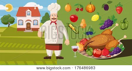 Food horizontal banner concept cook. Cartoon illustration of food vector horizontal banner concept for web