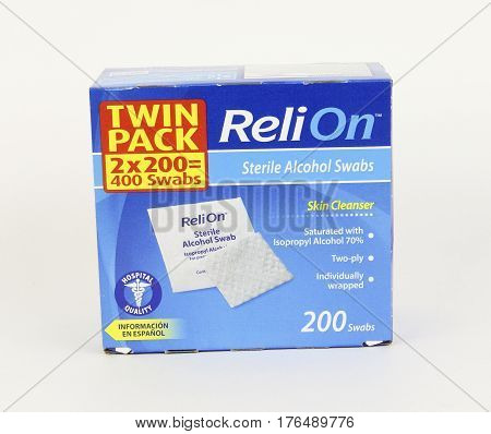 Spencer Wisconsin March11 2017 Box of Relion Sterile Alcohol Swabs Relion is a medical supply company selling products exclusively at Walmart