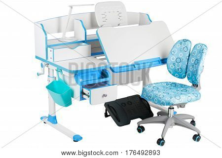 Blue chair school table blue basket desk lamp and black support under legs on the white isolated background.