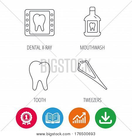 Mouthwash, tooth and dental x-ray icons. Tweezers linear sign. Award medal, growth chart and opened book web icons. Download arrow. Vector