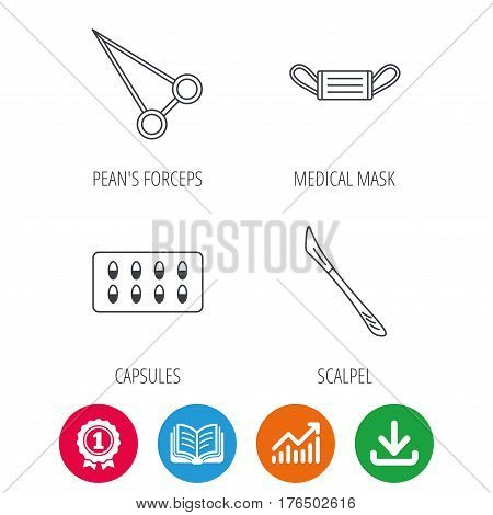 Medical mask, capsules and scalpel icons. Peans forceps linear sign. Award medal, growth chart and opened book web icons. Download arrow. Vector