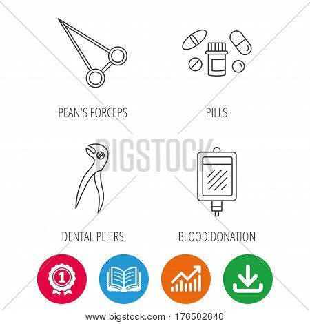 Medical pills, blood and dental pliers icons. Peans forceps linear sign. Award medal, growth chart and opened book web icons. Download arrow. Vector