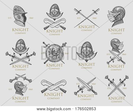 Set of monochrome knights emblems, badges, labels and logos midieval helmet, swords, mace, daggers shield antique vintage symbol , engraved hand drawn in sketch or wood cut style, old looking retro.