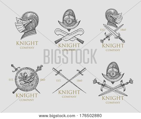 Set of monochrome knights emblems, badges, labels and logos midieval helmet, swords, mace, daggers shield antique vintage symbol , engraved hand drawn in sketch or wood cut style, old looking retro.