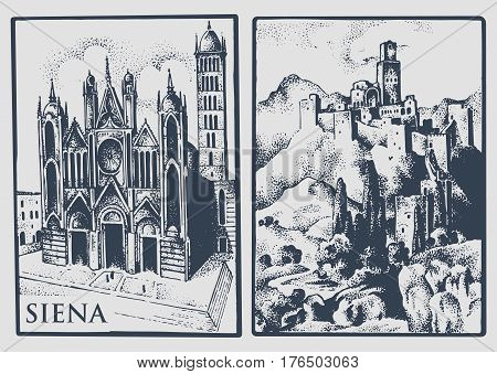 two vintage postcards with landscapes of Tuskany, Italy. Siena Cathedral and castle in the hill vintage lookiing engraved, hand drawn illustration, old.