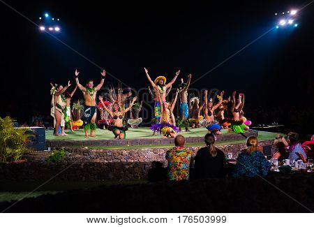 LaHaina Hawaii -- March 11 2017 Dancers take a bow after performing at a Luau on the Island of Maui Hawaii