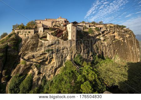 Amazing panorama of Holy Monastery of Great Meteoron in Meteora, Thessaly, Greece
