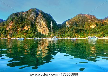 Ao Loh Dalum Bay Surrounded By Limestone Formations On Phi Phi Don Island, Krabi Province, Thailand.