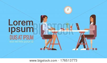 Two Indian Business Woman Sitting Desk Working Laptop Computer Businesswoman Office Worker Flat Vector Illustration