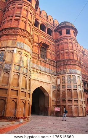 Amar Singh Gate in Agra Fort Uttar Pradesh India. The gate was originally known as Akbar Darwaza and was reserved for Mughal emperor Akbar and his personal entourage