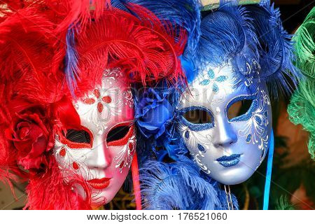 Display of masks at a souvenir shop in the street of Venice Italy. Masks have always been an important feature of the famous Venetian carnival.